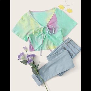 SHEIN Raglan Sleeve Knotted Tie Dye Crop Tee Size Medium